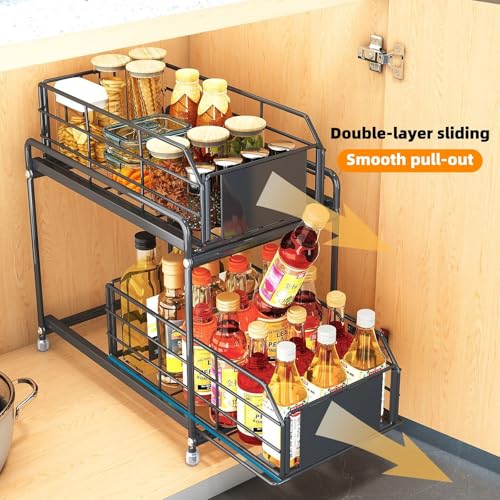 Under Sink Kitchen Storage Organizer, 2 Tier Sliding Cabinet Basket with Pull-Out Drawer, foldable Metal Under Sink Organizers for Bathroom, Pantry, Countertop, Rustproof Multi-Purpose Storage Bins