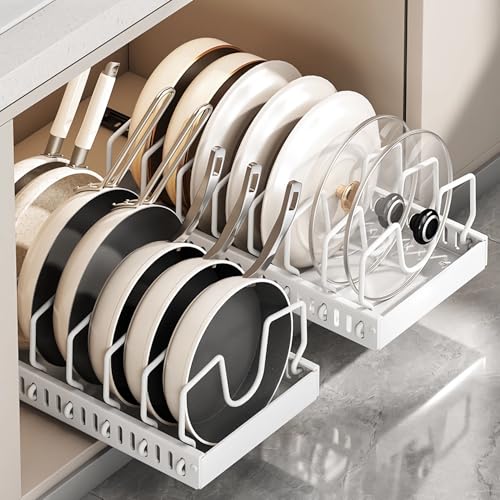 pots and pans organizer under cabinet,pot lid organizers inside cabinet holders for kitchen,Horizontal and vertical pulling modes,cast iron storage (White vertical pull-out) - size: White vertical pull-out
