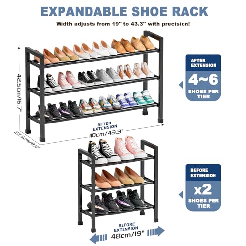 Mavivegue 19“- 43” Adjustable Shoe Rack, 3 Adjustable Length, 3 Tier Expandable Shoe Rack for Closet, Entryway, Shoe Shelf, Black - color: Black, size: 3 Tier