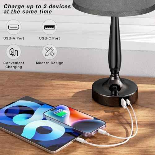 Kakanuo Touch Table Lamp for Bedroom Set, Small Bedside Lamps Set of 2 with USB C Charging Port, 3 Way Dimmable Touch Control Nightstand Lamps, LED Bulb Included