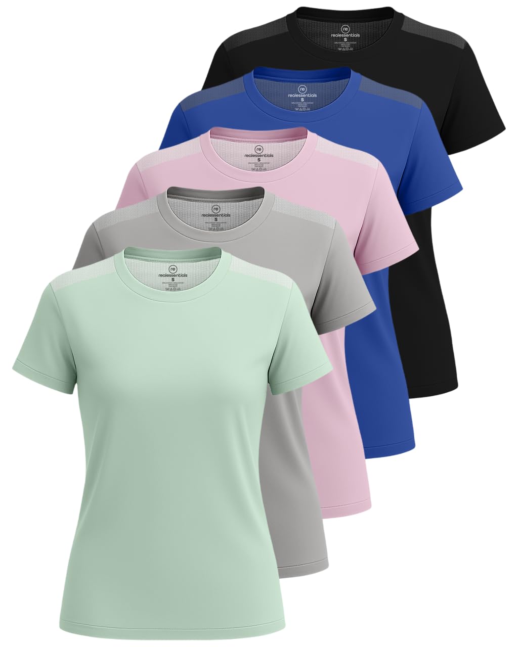 Real Essentials 5 Pack: Women's Short Sleeve Mesh Insert T-Shirts Athletic Tops Gym Workout Yoga Tennis Activewear - Set 8,XL
