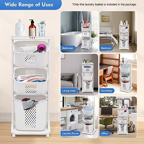 Laundry Basket, 3 Tiers Storage Basket Plastic Clothes Hamper Movable Clothes Hamper Bathroom Hampers With Wheels,Portable Freestanding Dirty For Laundry Room Organization