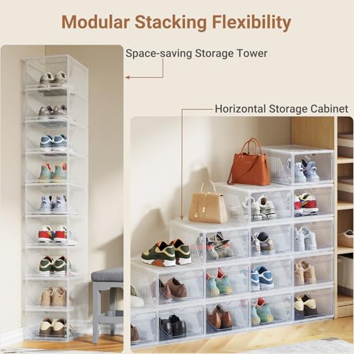 XX-Large Shoe Sneaker Storage Boxes for Size 14, Stackable & Thicken Clear Plastic Shoe Organizers 8 Packs for Entryway Closet Under Bed, Shoe Storage Cabinets Container Display Case w/ Magnetic Door - size: 8 packs