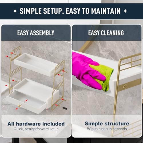 Bathroom Counter Organizer with Drawer, Slim 2-Tier Vanity Countertop Storage Shelf for Skincare, Toiletries & Small Essentials (White) - color: White