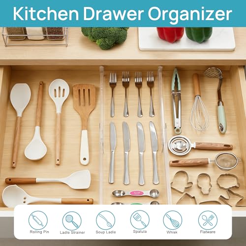 Vtopmart 8 Pack Shallow Drawer Dividers, 2.36" High 12.5"-20.8" Adjustable Expandable Kitchen Drawer Organizer, Clear Plastic Organizer Separators for Flatware, Utensil, Cutlery, Underwear, Clothes - size: 2.36" H, 12.5"-20.8" L