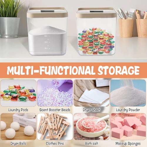 Large Laundry Pods Container with Slide Lid, Laundry Room Organization for Booster Beads with Measuring Scoops, Laundry Pods Holder for Scent Booster, Powder, Pods. (Clear 2-Pack)