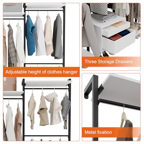 Wall-Mounted Steel & Wood Closet Organizer System with 4 Adjustable Shelves, 5 Hanging Rods, and 2 Drawers – Modern Open Wardrobe, White - color: BC03-white