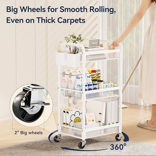 YASONIC 3 Tier Rolling Cart – Metal Utility Storage Carts with Wheels, Craft Carts Organizer with Hanging Cups, Hooks, Mesh Basket for Bedside Kitchen Office Art, White - color: White