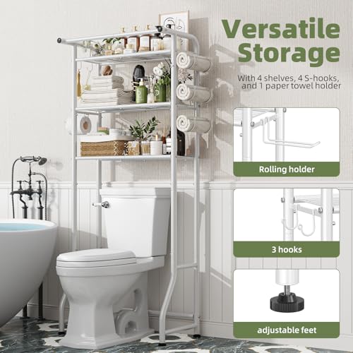 Simple Trending 3 Tier Over The Toilet Storage Rack, Metal Bathroom Shelf, Bathroom Stand Organizer Space Saver with Paper Holder and Hooks, White - color: White