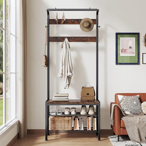 DUMOS Hall Tree with Shoe Bench and Coat Rack, Entryway Bench with Shoe Storage and Hooks, 4-in-1 Coat and Shoe Rack for Entryway, Mudroom Storage Organizer with Shelves, Rustic Brown
