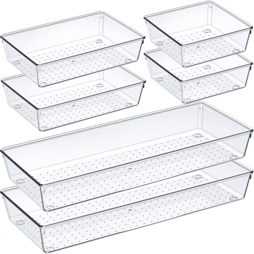 Criusia 6 Pcs Large Size Clear Drawer Organizer Set, Acrylic Non Slip Non Cracking Kitchen Drawer Storage Tray Divider, Multifunctional Storage for Cosmetics, Bathroom, Tools, Kitchen and Office - size: 6 PACK