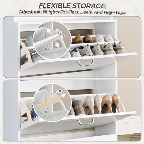 IRONCK Tall Shoe Cabinet with 2 Flip Drawers, Narrow Hidden Shoe Storage Cabinet with Shelves, Slim Freestanding Shoe Organizer for Entryway, Hallway, White - color: White