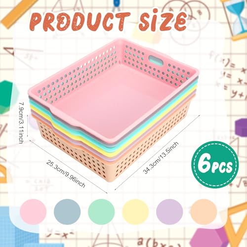 Tenceur 6 Pcs Turn in Trays Classroom, Stackable Tray for Classroom Plastic Storage Baskets Teacher Organizers for Library Drawers Office Desk (Classic,Pastel,13.5 x 10 x 3.1 Inches)