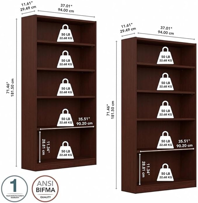 Pemberly Row Universal 5 Shelf Bookcase in Vogue Cherry (Set of 2)