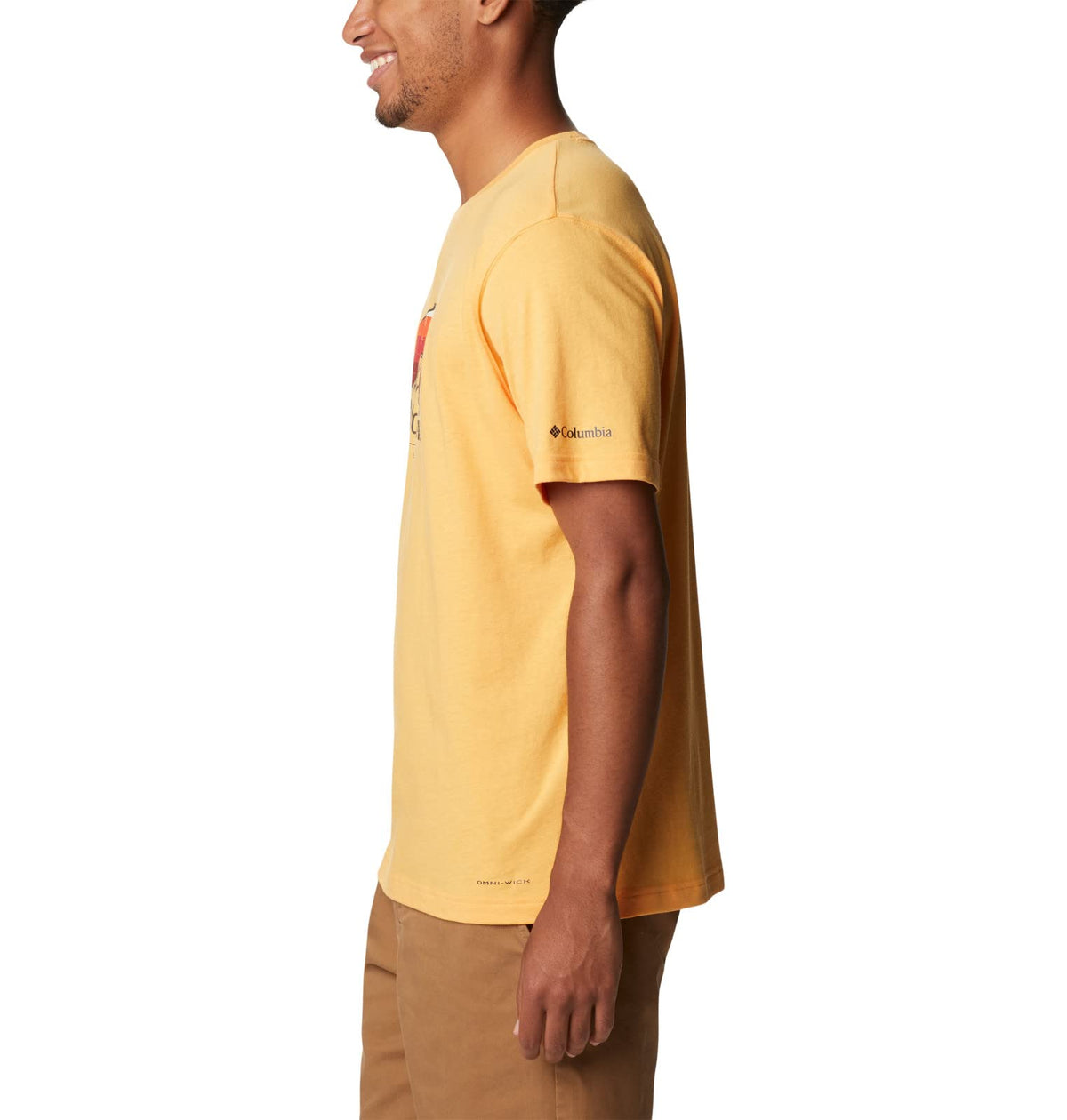 Columbia Men's Thistletown Hills Graphic Short Sleeve, Mango Heather/Hikers Graphic, Small