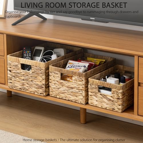 Storage Baskets,Woven Natural Water hyacinth Box with Handle,Kingwillow.(Set of 3) - size: Set of 3