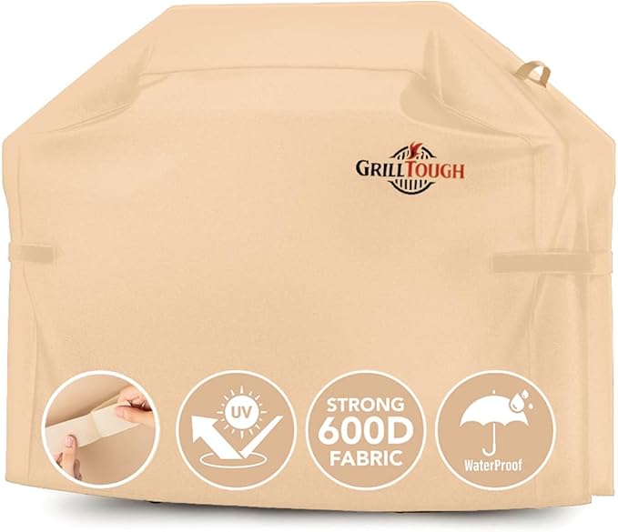 GrillTough Heavy Duty BBQ Grill Cover for Outdoor Grill, 58 Inch – Waterproof, Weather Resistant, UV & Fade Resistant with Adjustable Straps – Gas Grill Cover for Weber, Genesis, Charbroil, etc. Tan
