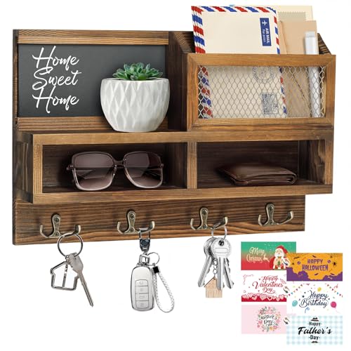 Key Holder Wall Mount, Wooden Mail and Key Organizer with Chalkboard and Mirror, 3 Greeting Cards, 8 Hooks, Brown - color: Brown