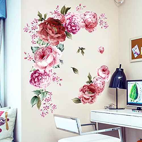 Peony Flower Wall Stickers 3D Pink Flowers Wall Decals, Peel and Stick Removable Wall Art Decor, DIY Mural Wall Art Decor for Kids Room Nursery Classroom Living Room Bedroom Home Decoration (E)
