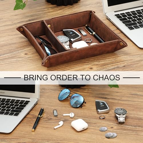 SITHON Valet Tray Desktop Storage Organizer, Removable 2 Compartments Catchall Tray Bedside Vanity Nightstand Caddy Holder Desk Storage Plate, Valentine's Day Gift, Brown - color: Brown