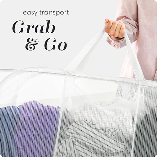 Handy Laundry Collapsible Laundry Basket, 3-Compartment Mesh Laundry Sorter, Foldable Pop Up Hamper with Handles, Space-Saving Durable Organizer for Dorm, Bedroom, Travel, White