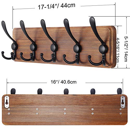 SKOLOO Rustic Wall Mounted Coat Rack: 16" Stud Spacing, Pine Real Wood Plank Wall Coat Rack with 5 Triple Hooks, Farmhouse Coat Hanger Wall Mount for Hanging Backpack Jacket Coat Hat - color: Brown Plate & Black Hook, size: 1 Item-5 Hooks