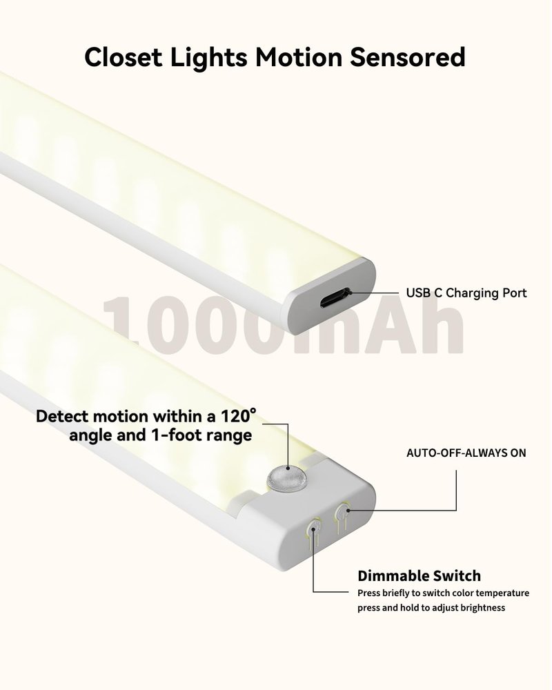 Rihvy Under Cabinet Lighting Wireless, 3 Packs Rechargeable Motion Sensor Light Indoor Disassembled, 3 Color Temps Closet Light Stick on, 8 Inches Under Counter Lights for Kitchen, Wardrobe, Bedroom