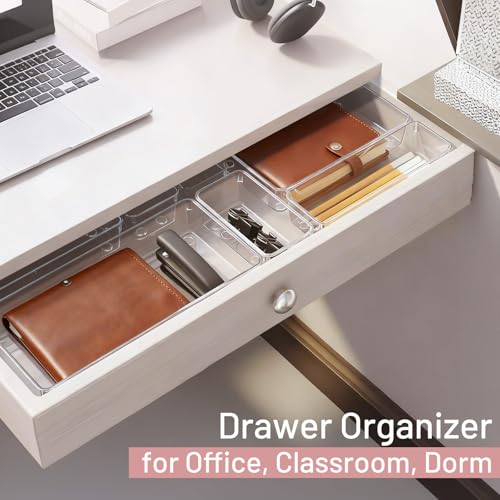 10 Pack Large Drawer Organizer Bins - Clear Plastic Bathroom Drawer Organizer Trays - Heavy Duty Kitchen Drawer Dividers for Utensils - Non-Slip Storage Bins for Makeup, Bedroom, Office Desk - size: 10 Pack