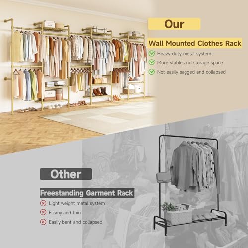 H6 Wall Mounted Closet System, Industrial Pipe Clothes Rack Clothing Racks with 6 Telescopic Rods & 3 Fixing Rods & 9 Shelves, Heavy Duty Closet Organizers and Storage in Wardrobe Closet (Gold) - color: Gold
