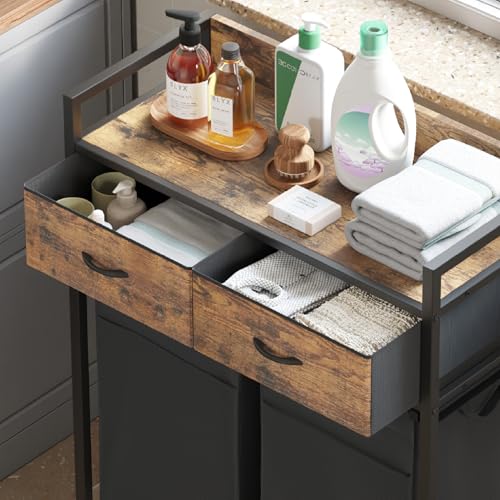 Mondeer Laundry Sorter with 2 Drawers, 100L with Pull-Out Removable Laundry Bags, Laundry Hamper Baskets with 2 Section and Wheels, Rustic Brown and Black - size: 2 Drawers