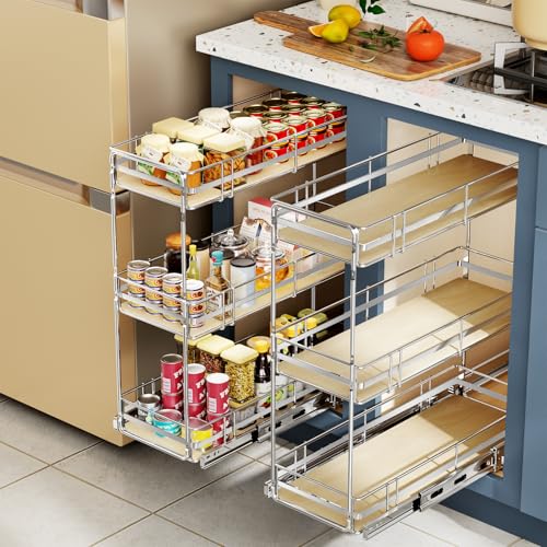 ROOMTEC 3-Tier Pull Out Cabinet Organizer Spice Rack for Narrow Cabinet 6" W x 20½" D, Slide Out Wood Shelves Storage for Kitchen - size: 6" W x 20½" D, 3 Tier, Wood Shelves