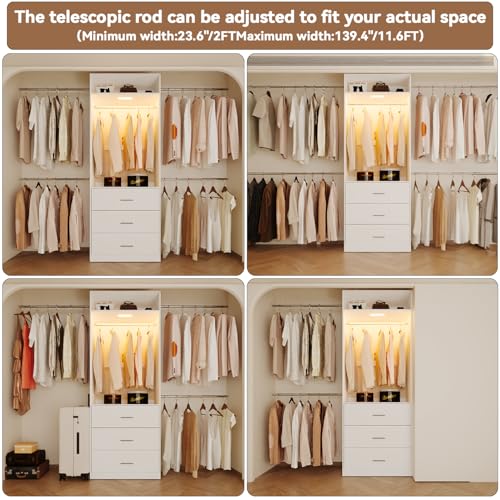 Wooden Closet System With LED Light 11FT Closet Organizer with 3 Wooden Drawers Walk-in Closet Organizer System with Tower and 4 Extendable Hanging Rods White