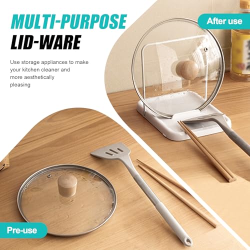 Pot Lid Holder with Spoon Rest for Stove Top and Kitchen Counter, Foldable Pot Lid Organizer with Non-Slip Pads for Lids, Spoons and Spatulas, White