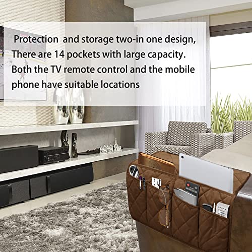 Armchair Caddy,Non Slip Sofa Armrest Organizer, Couch Armrest Remote Control Holder,Waterproof Recliner Arm Caddy with 14 Pockets for Cell Phone TV Remote Control - color: Brown