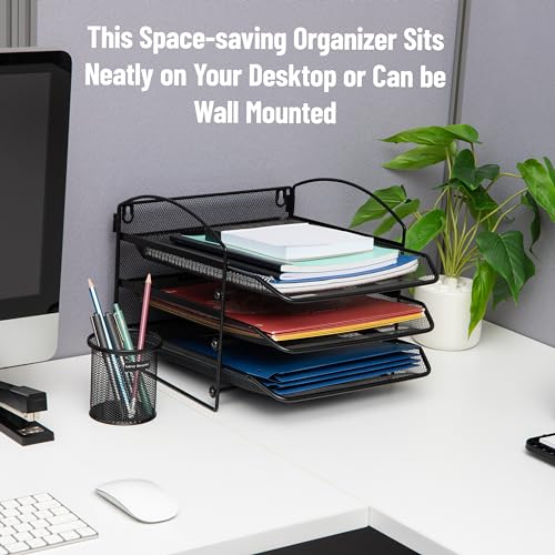 Mind Reader 3-Tier Paper Tray, File Storage, Desktop Organizer, Wall Mountable, File Organization, Metal Mesh, Black - style: 3-Tier