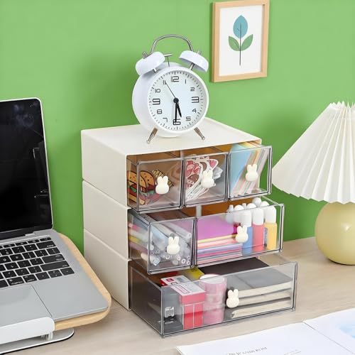 Desktop Storage Drawers, Plastic Desk Organizer with 6 Drawers, Modular Stackable Toolbox Units for Office Stationary, Makeup Container, Bathroom Countertop (3 Tiers, Cream & Clear) - color: 3 Tall Layers & 6 Drawers, Cream & Clear
