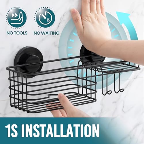 TAILI Shower Caddy Suction Cup, 3 Pack Shelves for Inside with Hooks & Soap Holder Toothbrush Cups, Removable Bathroom Organizer, Rustproof Black Shelves - style: 3 × Black