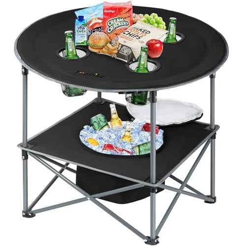 Portable Lightweight Folding Camping Table with Cooler and 4 Large Cup Holders Collapsible Picnic Camp Table Foldable Outdoor Table with Carry Bag for BBQ Tailgating Beach RV Travel Hiking