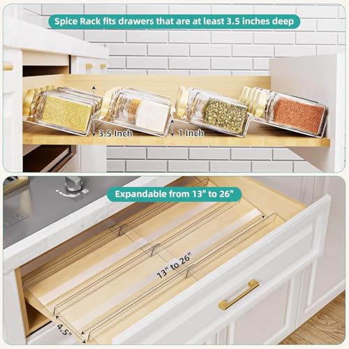 MIUKAA Acrylic Spice Drawer Organizer, 2 Tier - 4 Pack Seasoning Organizer for Drawer, Expandable From 13" to 26" Kitchen Drawer Spice Rack with Slip-Proof Mat (Jars not Included) - size: 4 Pack