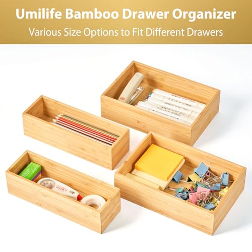 Umilife Bamboo Kitchen Drawer Organizer, Extra High Silverware Tray, Flatware Cutlery Storage Box, Multi-Use Holder in Office, Bathroom, Pantry - 12"x3"x2.5" (Set of 2) - size: 12 x 3 x 2.5" (Standard, Set of 2)