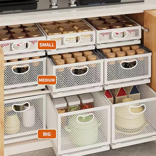 Sliding Cabinet Basket Organizer Drawer Self Adhesive Slide out Pantry Shelves Heavy Duty Carbon Steel Slide Cabinet Storage Basket with Handle for Bathroom Kitchen Home - size: Extended Medium