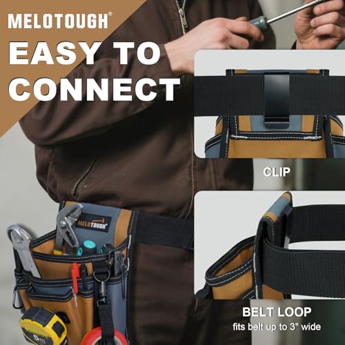 MELOTOUGH Electrician Tool Pouch with Belt Clip, 2 Inch Heavy Duty Work Belt Set for Men, Utility 13 Pockets Tool Pouch for Contractors & Roofing, Adjustable Carpenter Organizer Set