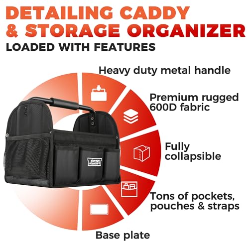 Detailing Caddy Organizer with Handle - Storage, Cars, & Cleaning Caddy for Supplies, Tools, & Home Improvement - Heavy Duty Car Detailing Supplies With Multi-Pockets & Collapsible Tote Design