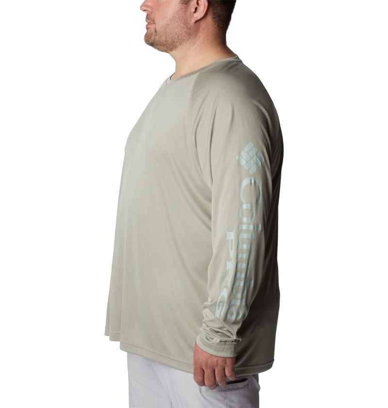 Columbia Men's Terminal Tackle Long Sleeve Shirt, Safari/Cool Green Logo, X-Large Tall