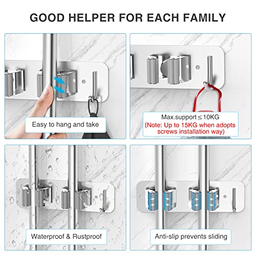 homeasy Wall Mount Mop and Broom Holder, Heavy Duty Stainless Steel Organizer Rack with Hooks | 4-Pack, 2-in-1 No Drill & Screw Installation, Silver - color: Silver-4