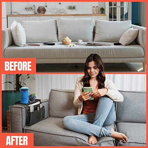 Perfect Life Ideas TV Remote Holder Couch Arm Tray Organizer, 6 Pockets, Black