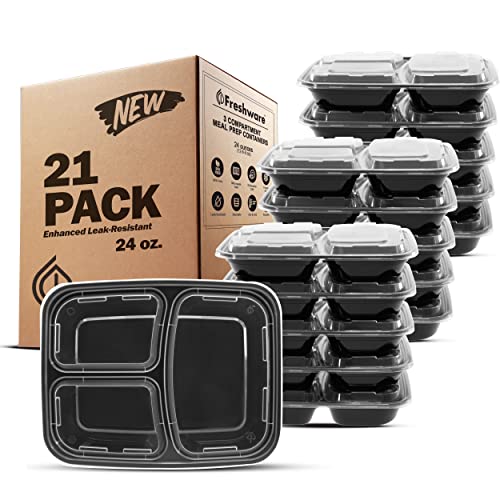 Freshware Meal Prep Containers 21 Count (Pack of 1), 3 Compartment with Lids, Food Storage Containers, Bento Box, Stackable, Microwave/Dishwasher/Freezer Safe (24 oz) - size: 3-COMP-21PK