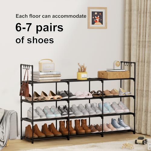 3 Row 4 Tier Long Shoe Rack, Black Metal Stackable Shoe Shelf with Multifunctional Hooks, Shoe Storage Hold 24-30 Pairs, Space Saving Shoe Organizer for Closet,Wide Shoe Rack - size: 3 Row 4 Tier
