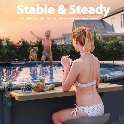 POOLHACKER Poolside Bar, [Original] Swim Up Bar Exclusively for Above-Ground Round Pools. Patio Poolside Table Smart Fold Easy Maintenance, Weather Resistant Stable Tabletop (Amber Brown) - color: Amber Brown