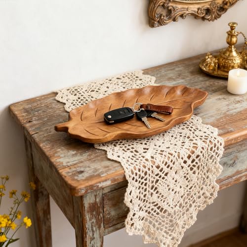 Wood Leaf Design Key Tray for Entryway Table, Aesthetic Desk Organizer for Home, Key Bowl, Jewelry Tray, Serving Tray Platter Breakfast Table Kitchen Decor